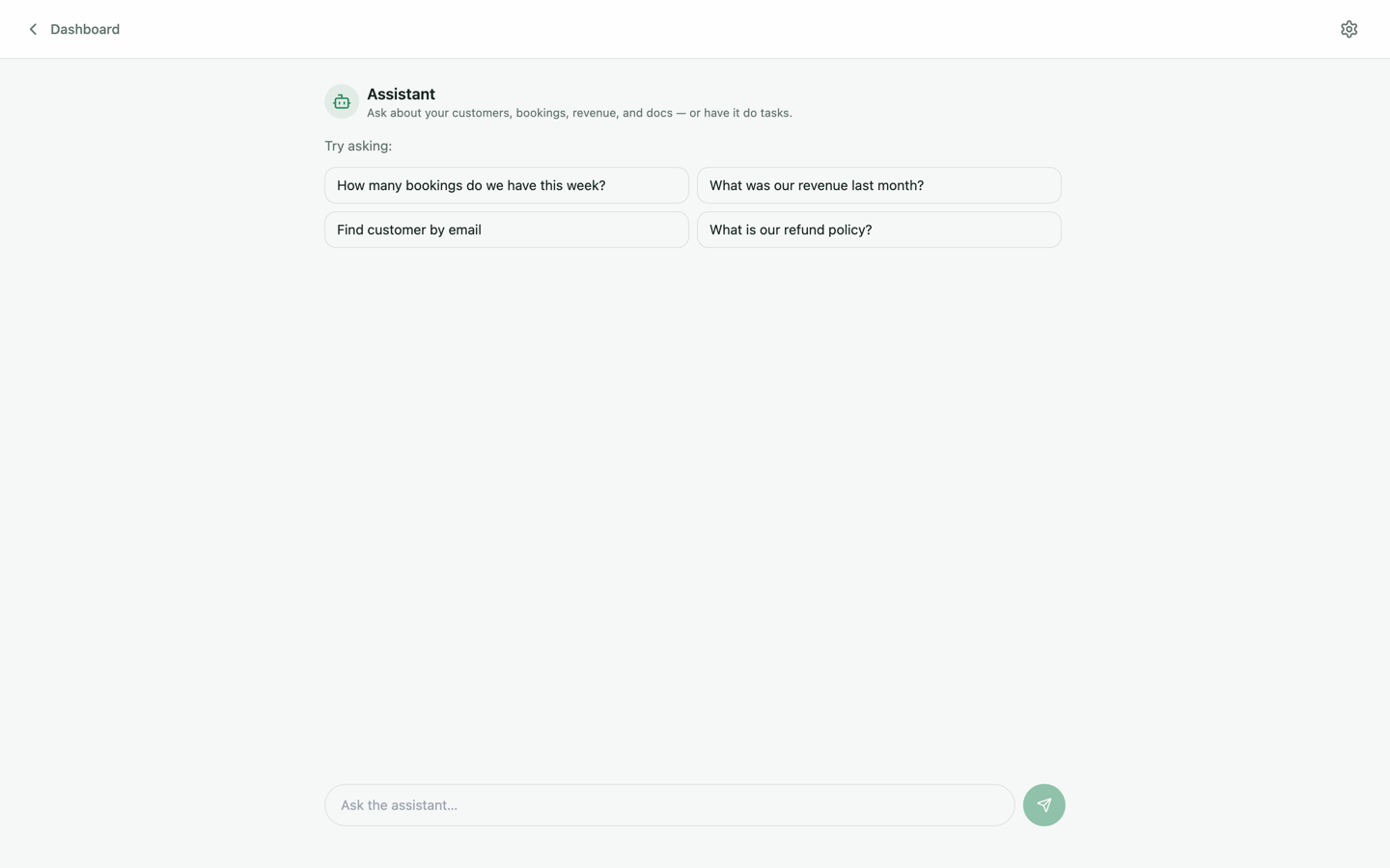 Assistant page — the staff-facing AI copilot inside the dashboard