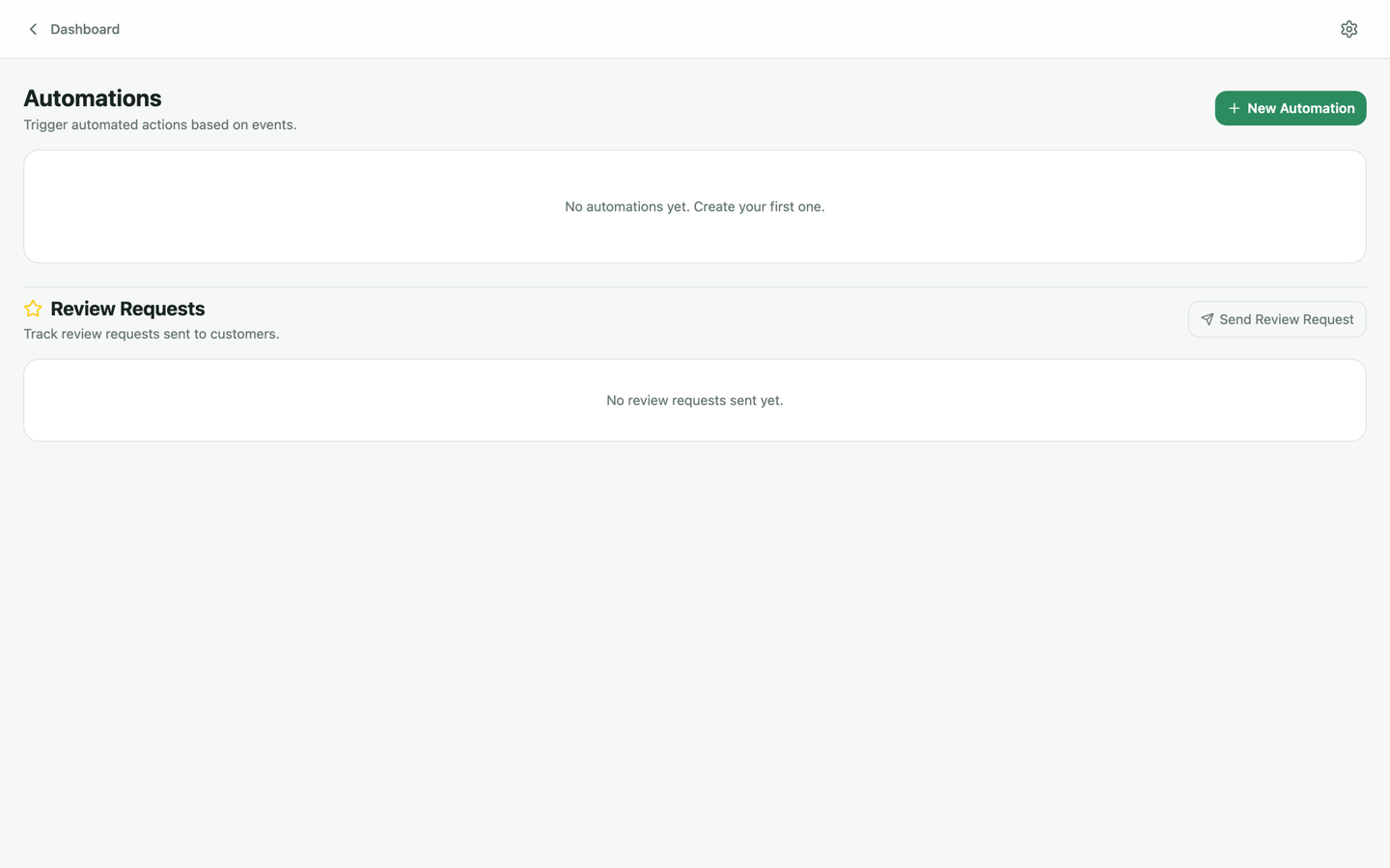 Automations page with review request, win-back and follow-up flows