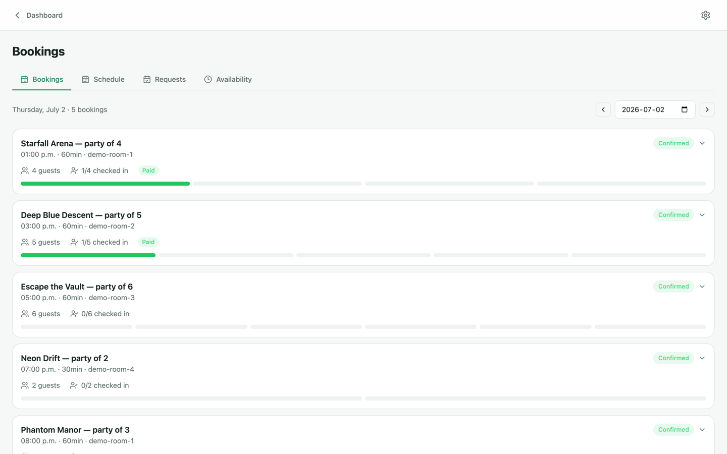 Bookings page with Bookings, Schedule, Requests and Availability tabs showing a day of confirmed bookings