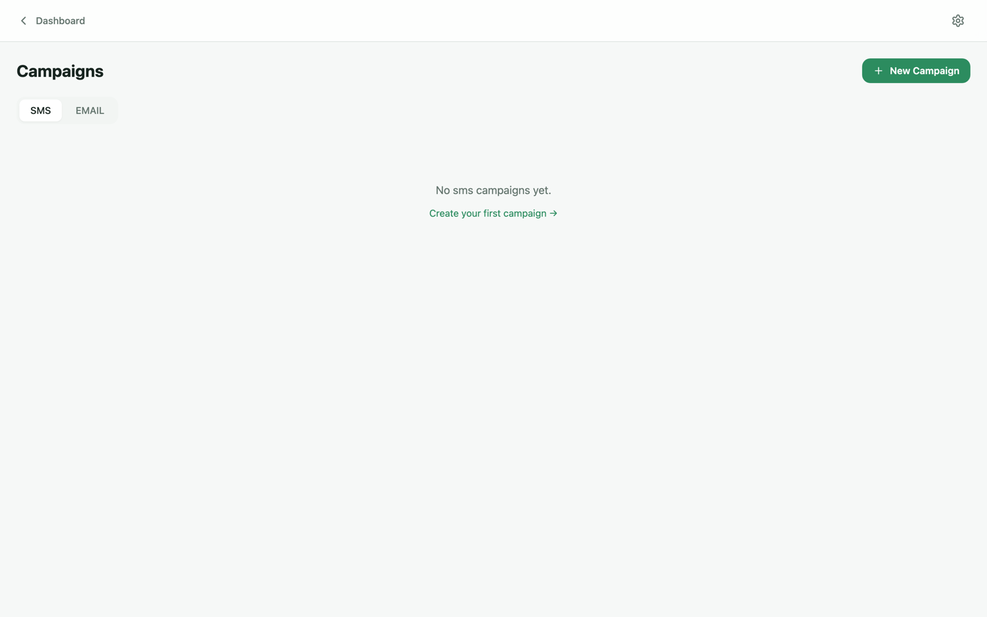 Campaigns page for building SMS and email marketing campaigns