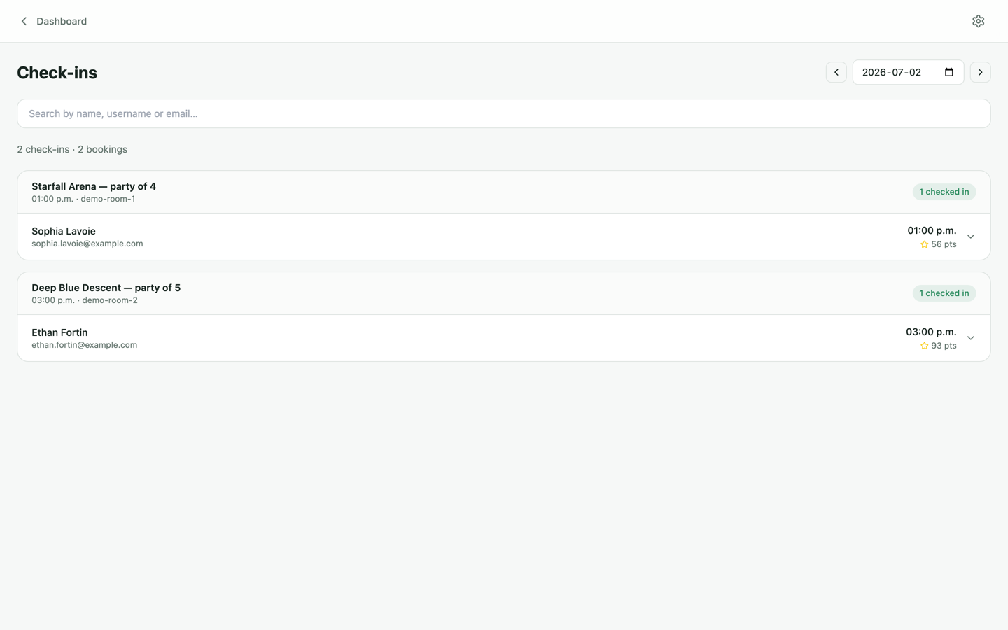 Check-ins page showing guests checked in today with waiver status
