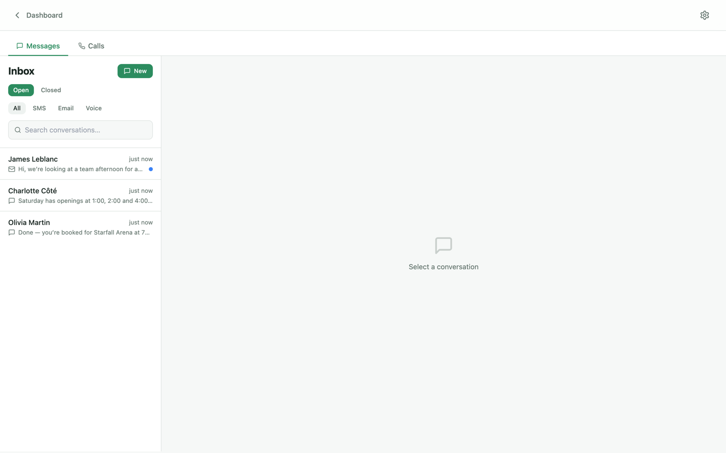 Conversations inbox with Messages and Calls tabs and channel filters