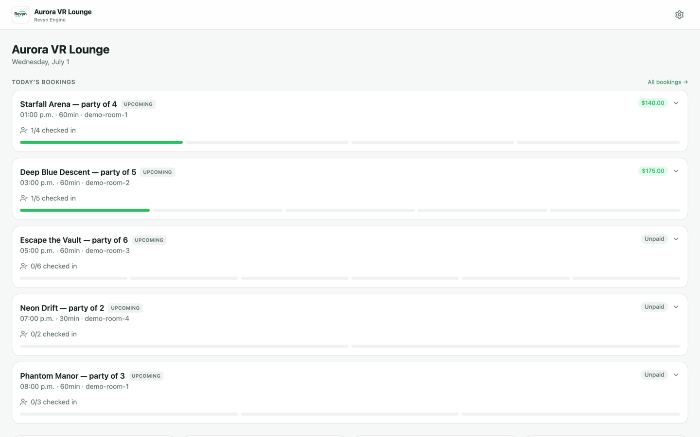 Revyn Engine dashboard home showing today's bookings with check-in progress and payment status