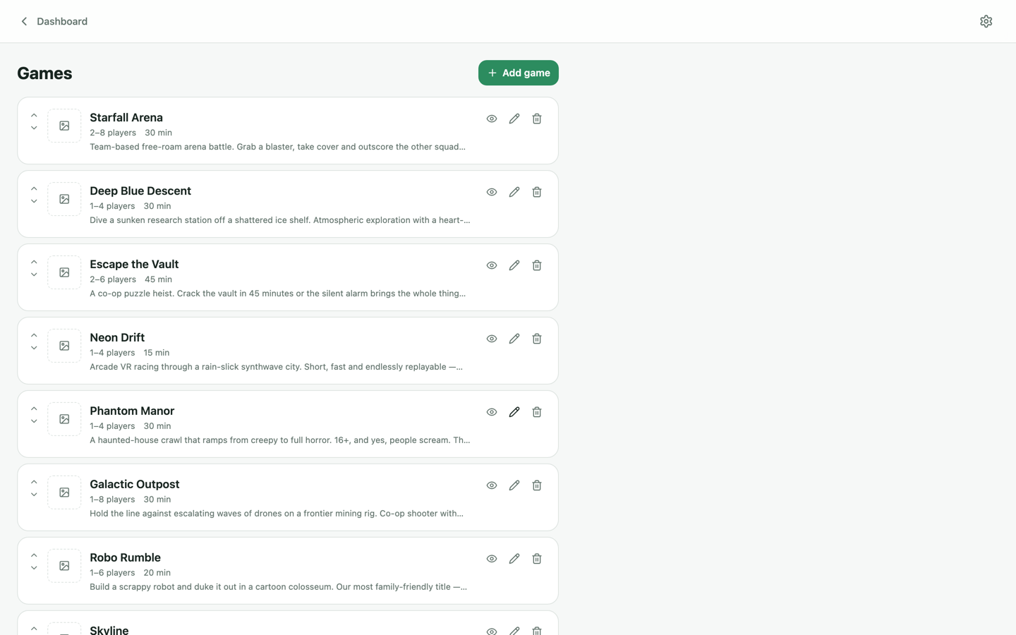 Games page listing VR experiences with player counts, durations and descriptions
