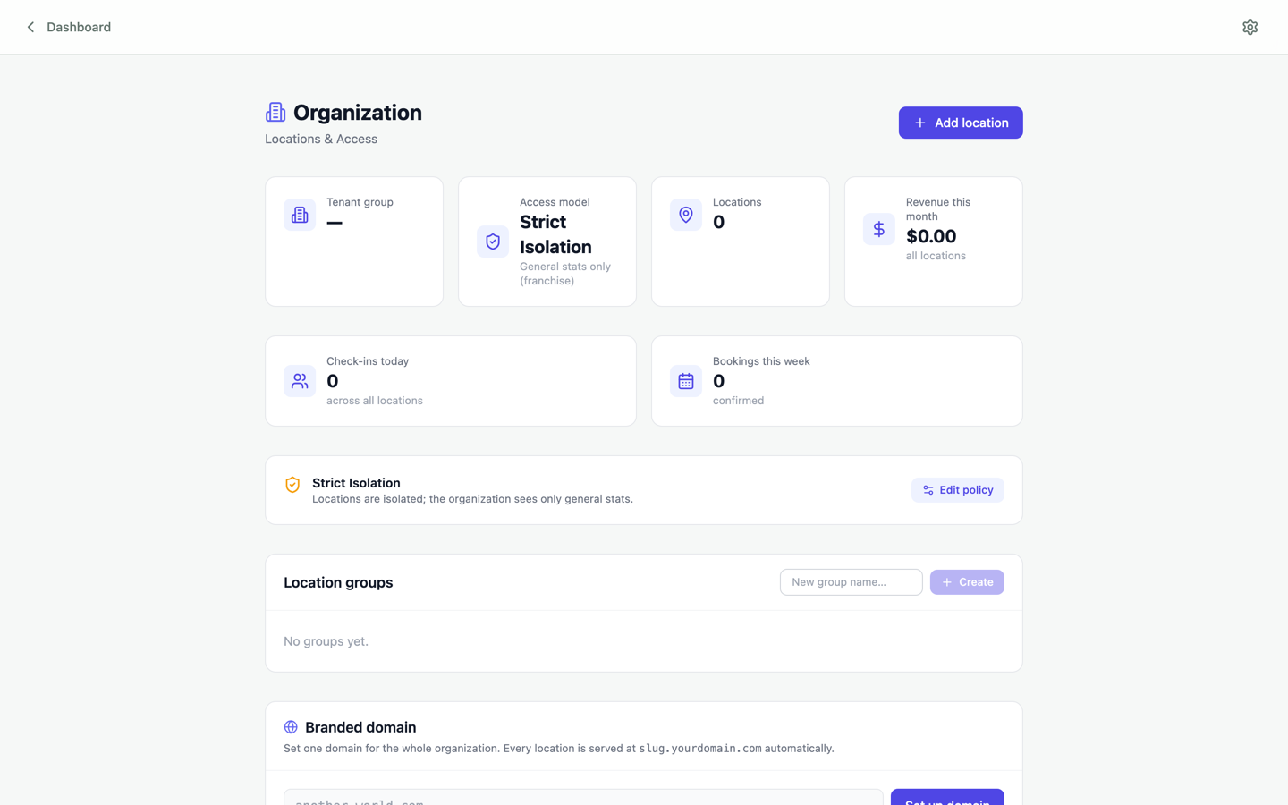 Organization page showing locations, groups and access policies