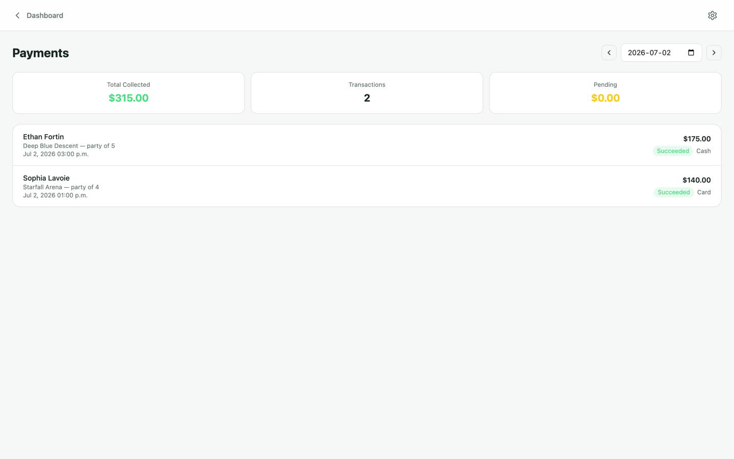 Payments page listing transactions with amounts and statuses