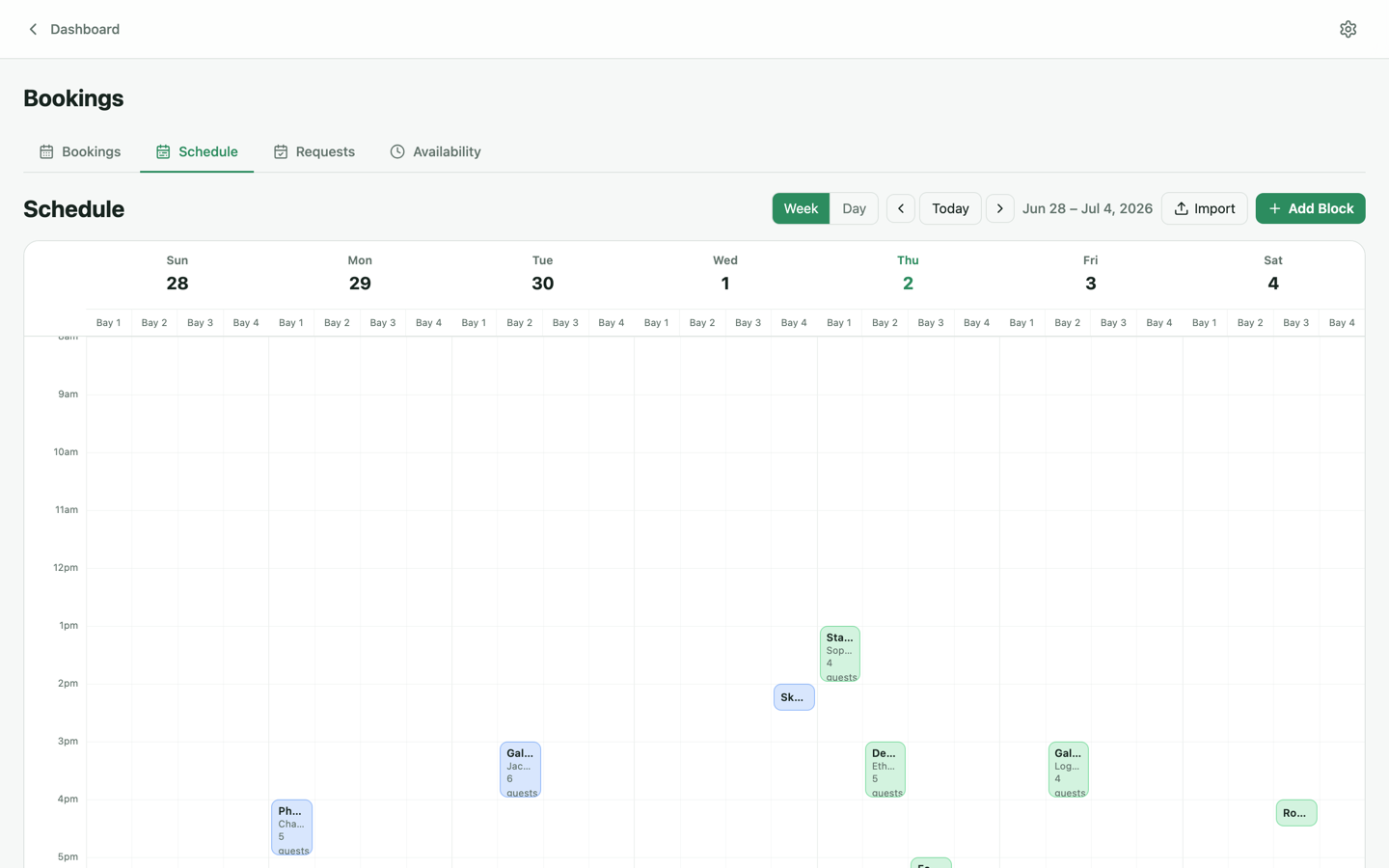 Schedule view showing bookings laid out on a timeline per room