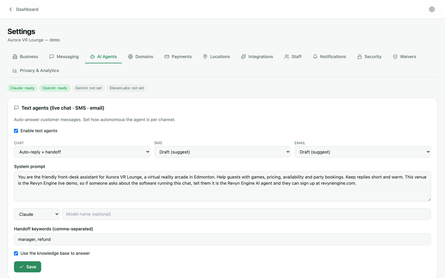 Settings AI Agents tab with per-channel enablement and autonomy levels