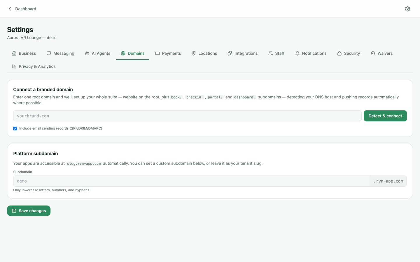 Settings Domains tab for connecting custom booking, dashboard and check-in domains