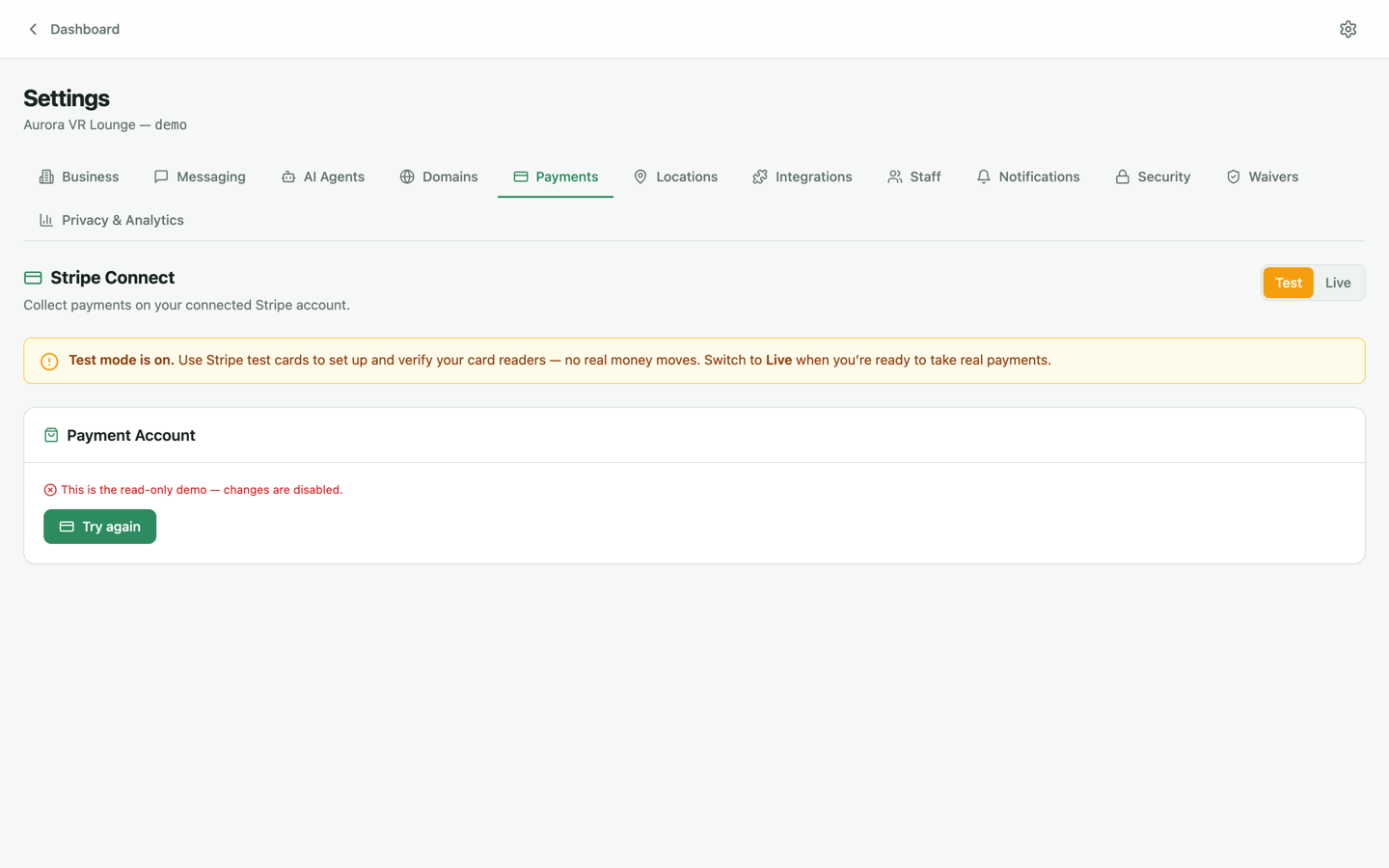 Settings Payments tab with Stripe Connect and a Test/Live mode toggle