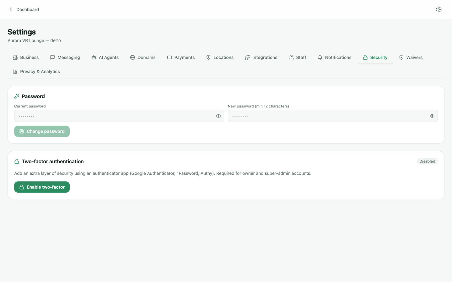 Settings Security tab with password change and two-factor authentication