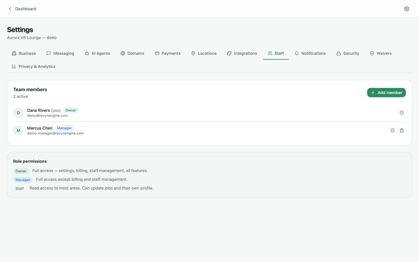 Settings Staff tab listing team members with roles