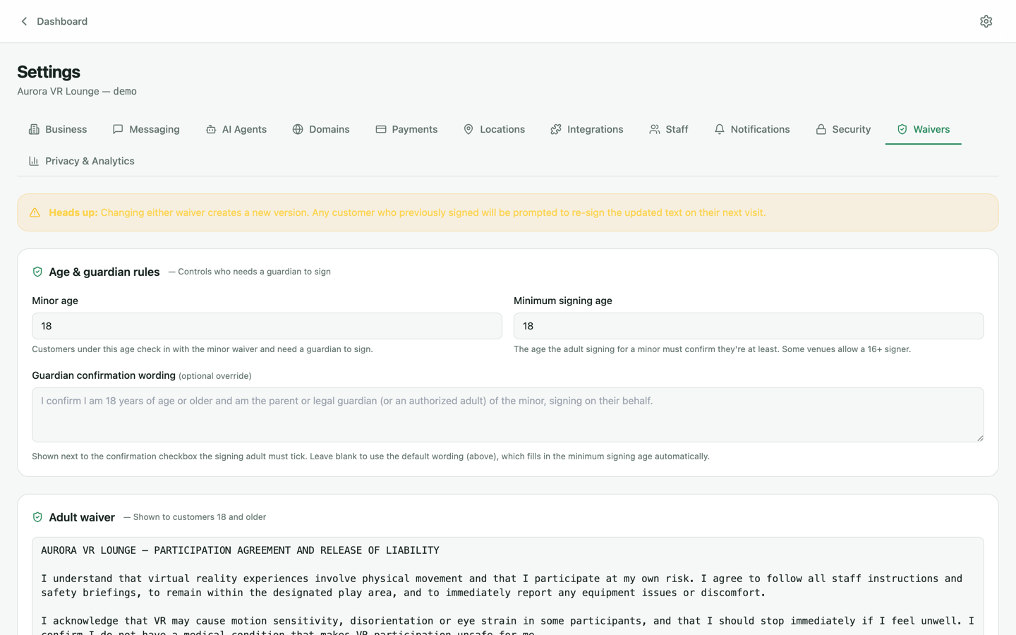 Settings Waivers tab with waiver template text and validity settings